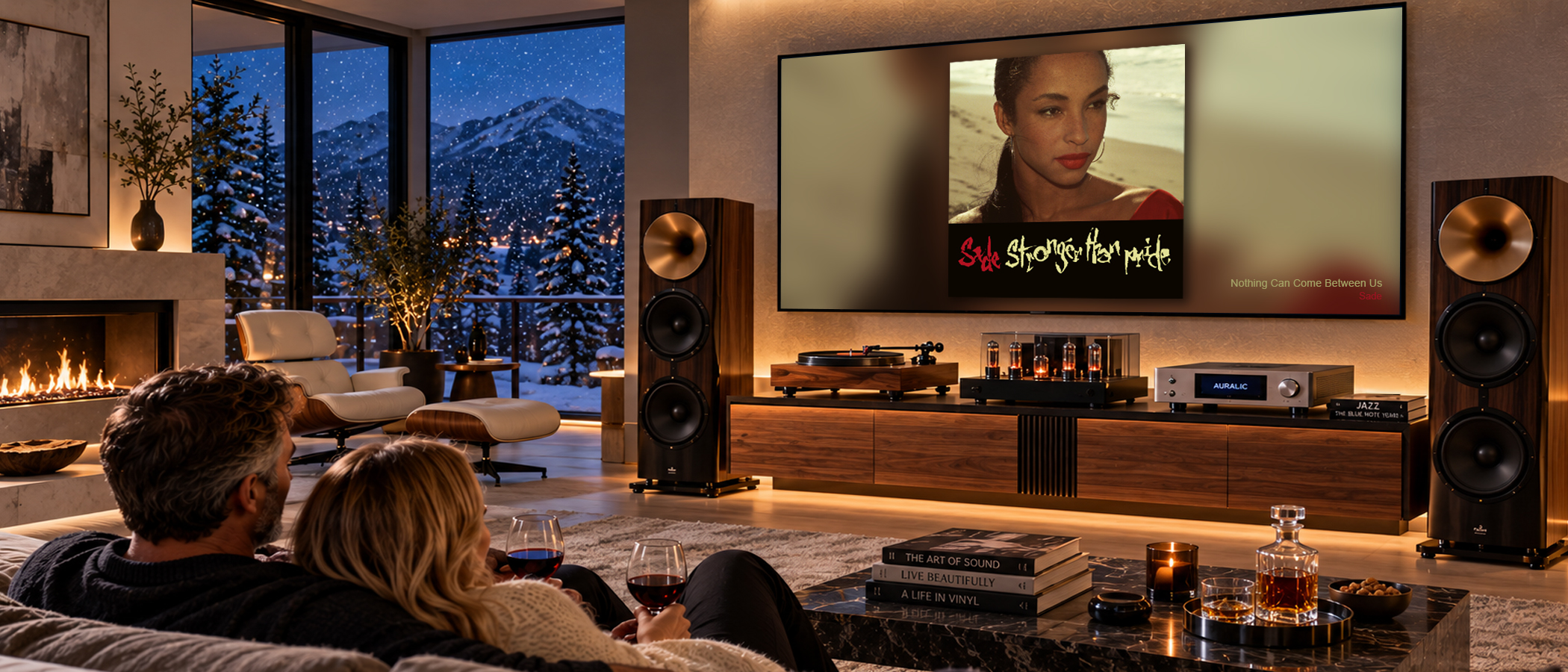 Living-room hi-fi with album art
