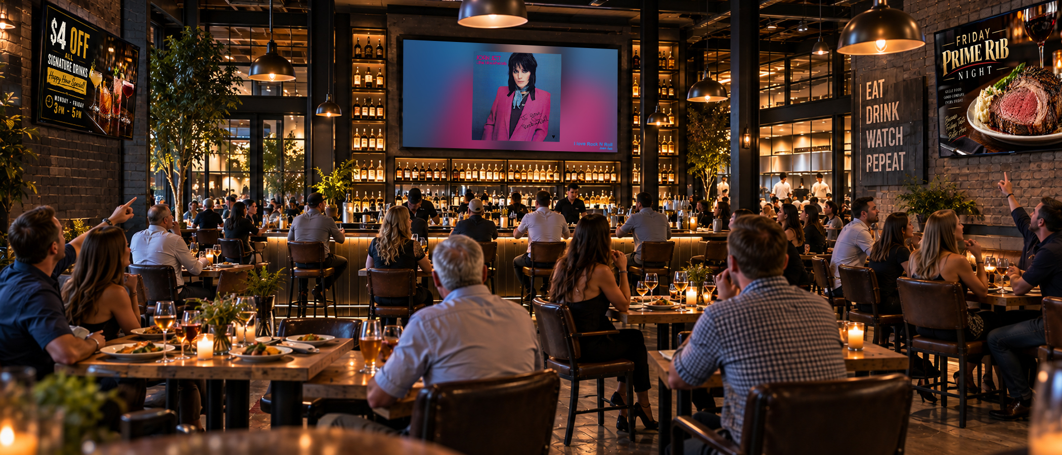 Busy venue with a glowing album-art screen