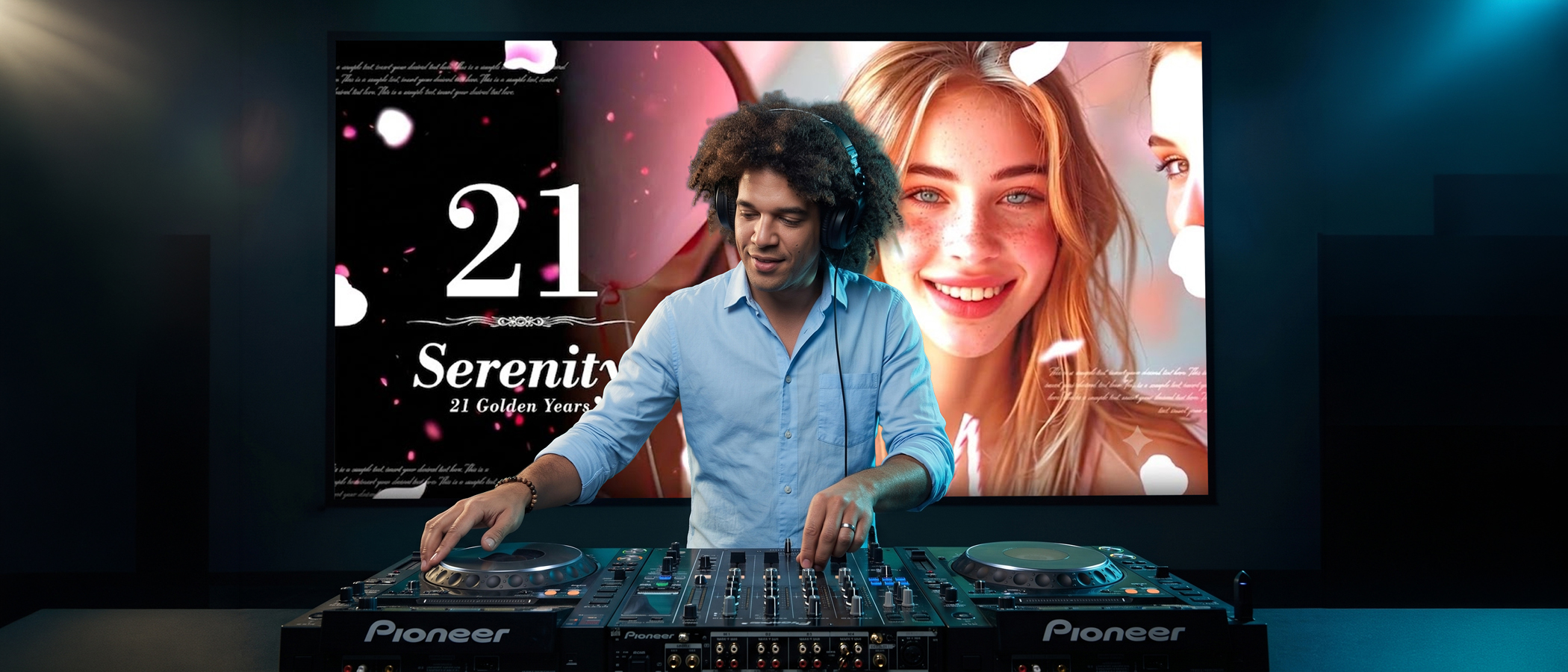 Dance floor lit by a big album-art screen