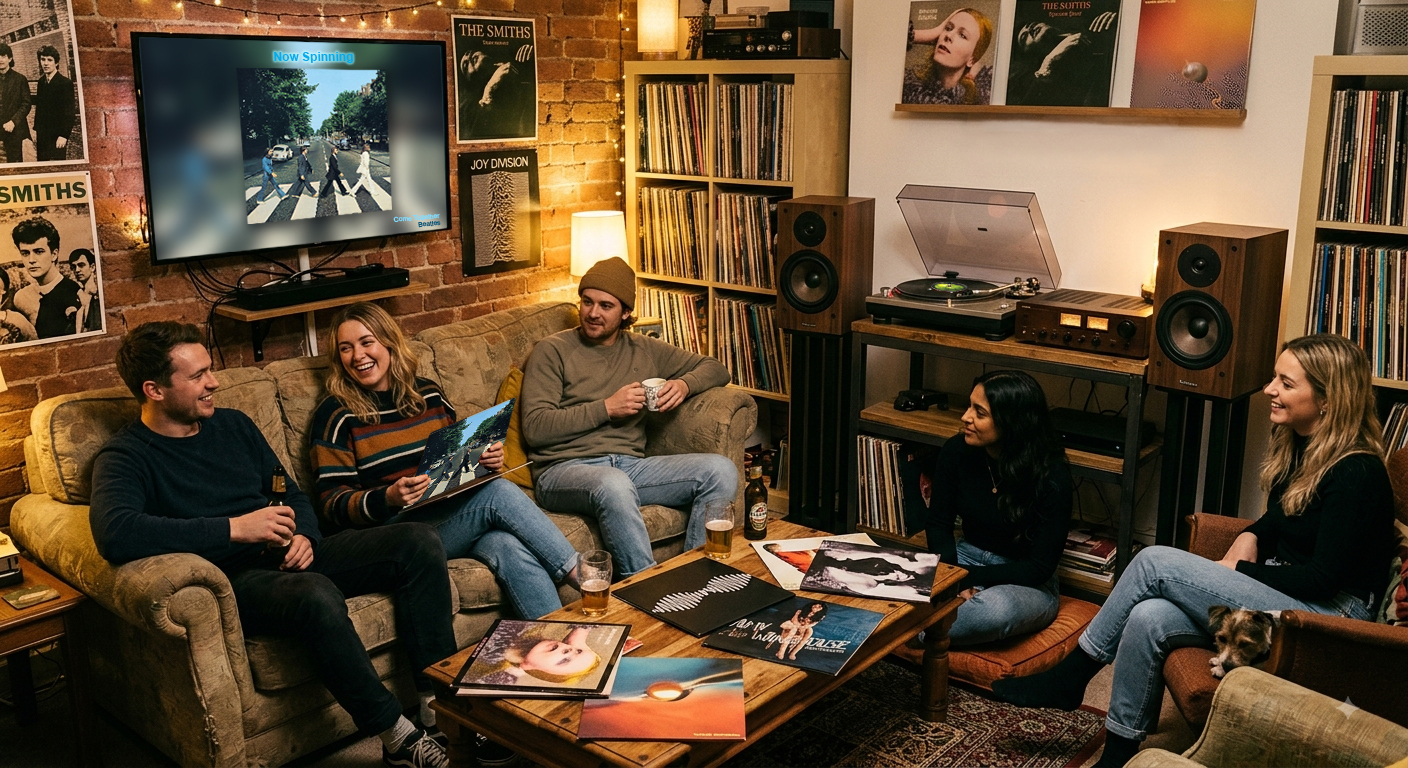 Home hi-fi with album art on screen