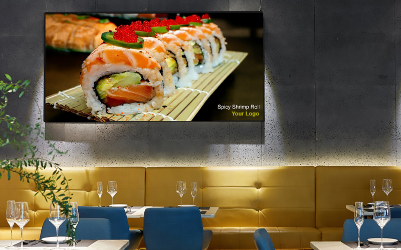 Restaurant screens showing album art